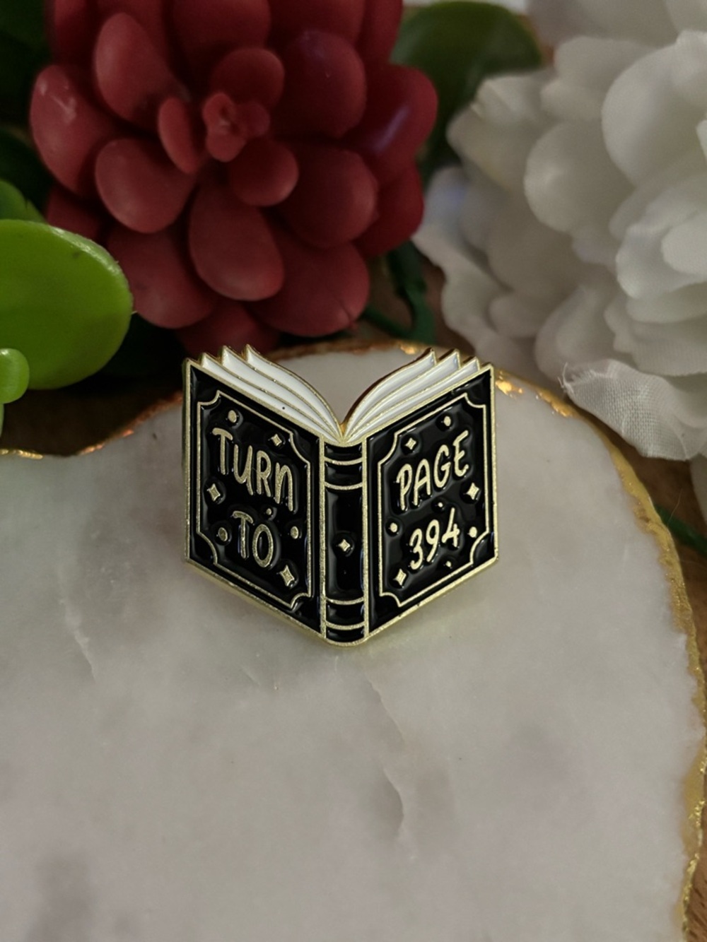 Enamel Book Pin "Turn to Page 394" - Black and White